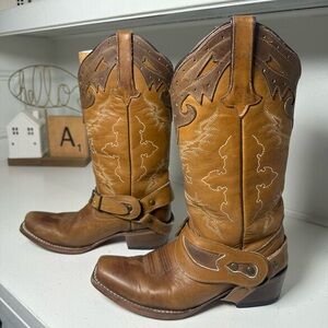 Tanner Mark Harness Moto Western Boots Women’s 7.5 Brown Leather Cowboy Biker